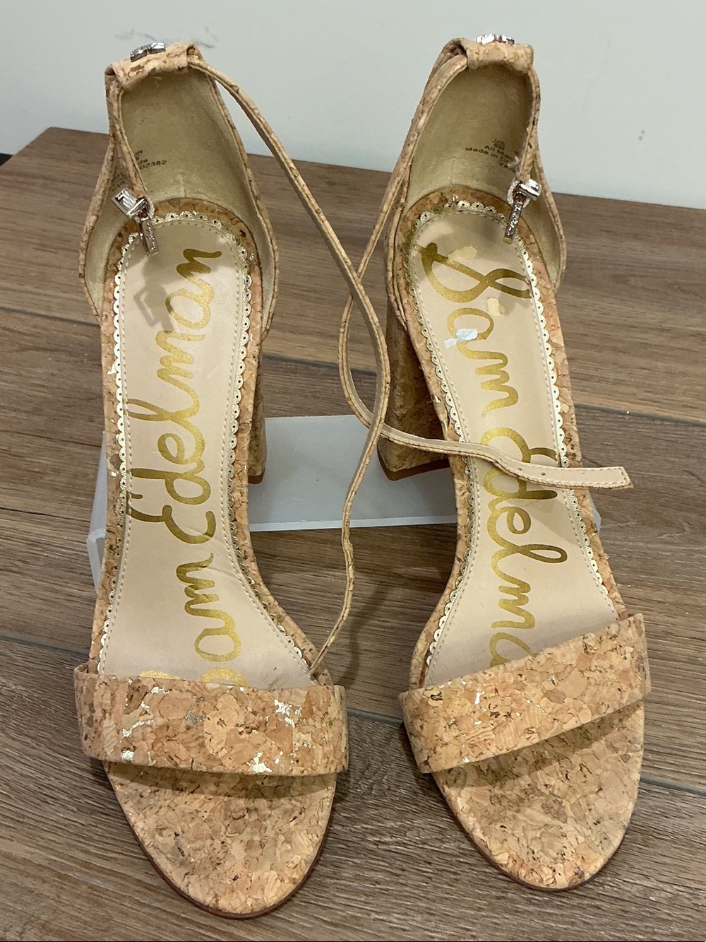 Sam Edelman Yaro Cork Ankle-Strap Block Heel Sandals - Natural, size 8
